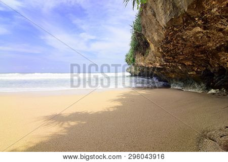 Natural Views Of The South Coast In The Yogyakarta Region. This Beach Is Named 