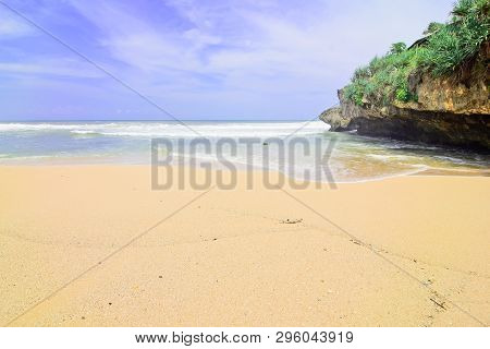 Natural Views Of The South Coast In The Yogyakarta Region. This Beach Is Named 