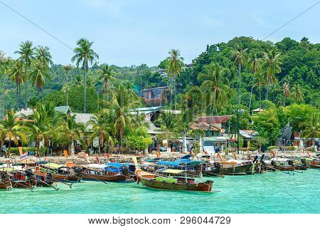 Beautiful Long Beach With Long Tail Boat, Phi Phi Island, Thailand. Travel  Asia Concept. Tropical B