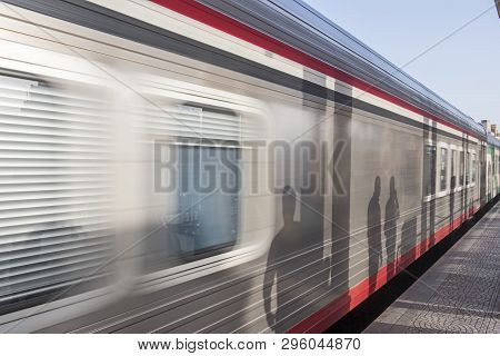 Railway Carriages At A Train Station Platfom In Urban City At Luxor Egypt With Motion Blur And Shado