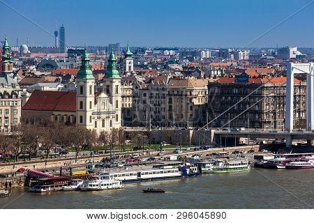 Budapest, Hungary - April, 2018: View Of The Pest Side Of Budapest City, Elisabeth Bridge And The Pa