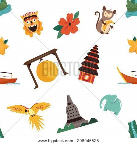 Seamless Pattern With Asian Symbols, Landmarks. Suitable For Gift Box, Wrapping Papers, Banners, Fab