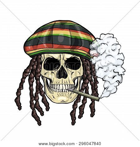 Hand Drawn Sketch, Color Skull With Dreadlocks, Rastaman Hat, Cigarette And Smoke