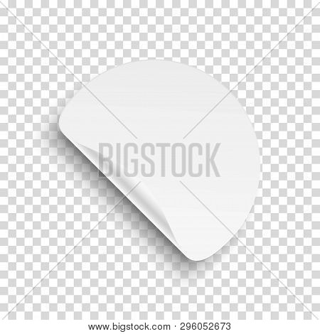 Realistic Round Adhesive Sticker Tag With Peel Fold Corner On Transparent Background. Blank Template