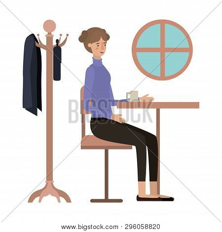 Woman Drinking Coffee In The Dining Room Vector Illustration Design