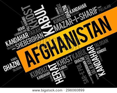 List Of Cities And Towns In Afghanistan, Word Cloud Collage, Business And Travel Concept Background