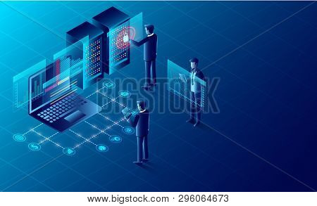 Privacy Protection And Software For Development With Businessman Stood In Front Of A Computer With H