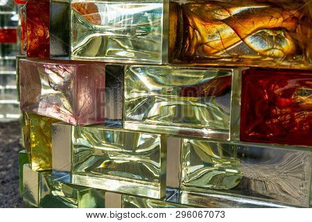 Glass Blocks Background, Glas Wall Texture With Colors Inside, Glass With Cooler Inside,
