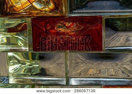 Glass Blocks Background, Glas Wall Texture With Colors Inside, Glass With Cooler Inside,