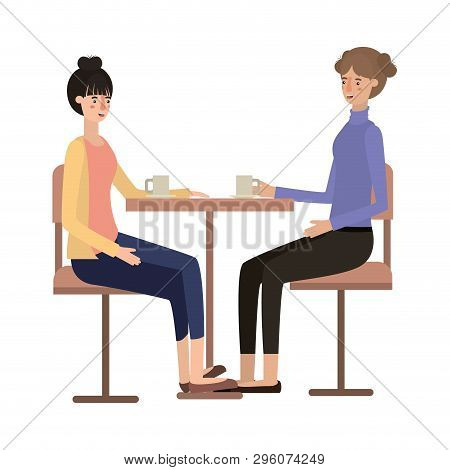Women Drinking Coffee In The Dining Room Vector Illustration Design