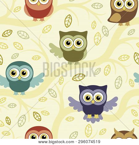 Owls In The Summer Forest Seamless Pattern. Owls On A Tree. Vector Background For Fabric, Textile, P