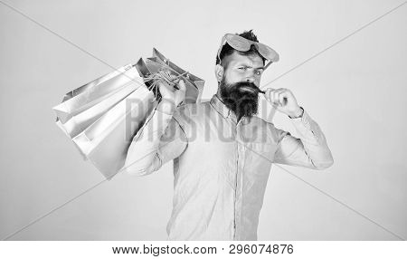 Happy Shopping With Bunch Paper Bags. Shopping Addicted Consumer. Man Bearded Hipster Wear Sunglasse