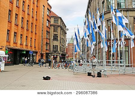 Riga, Latvia - August 28, 2018: View Of Valnu Street