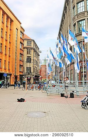 Riga, Latvia - August 28, 2018: View Of Valnu Street