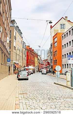 Riga, Latvia - August 28, 2018: View Of Grecinieku Street