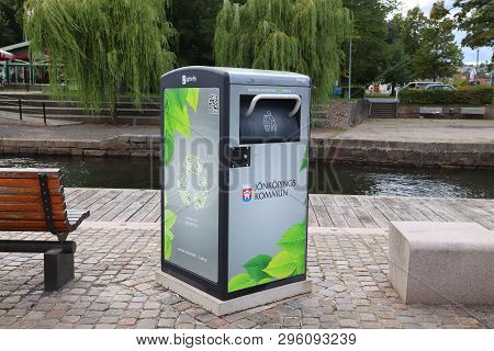 Jonkoping, Sweden - August 25, 2018: Bigbelly Trash Compacting Public Space Bin In Jonkoping Sweden.