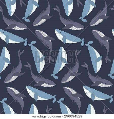 Dark Blue Marine Seamless Pattern With Cute Hand Drawn Whales On Sea Background. Childish Texture Wi
