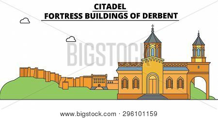 Russia, Dagestan, Derbent, Citadel ,  Travel Skyline Vector Illustration.