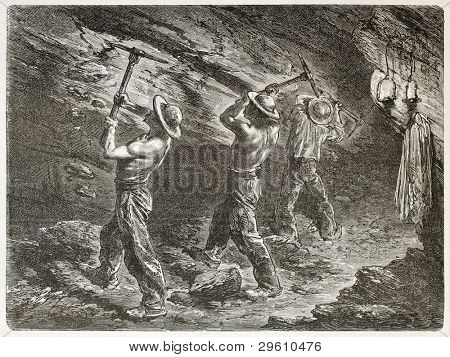 เหมืองถ่านหินในการทำงาน สร้าง โดย Mesnel เผยแพร่เมื่อเลองามทัวร์ ปารีส ค.ศ. 1867