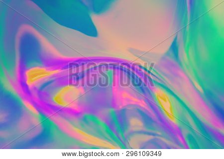 Abstract Trendy Holographic Background In 80s Style. Real Texture In Violet, Pink And Mint Colors Wi