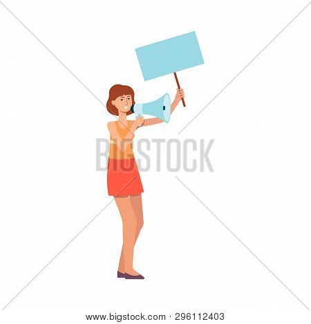 Protester Woman Holds A Poster And Megaphone Flat Vector Isolated On White.