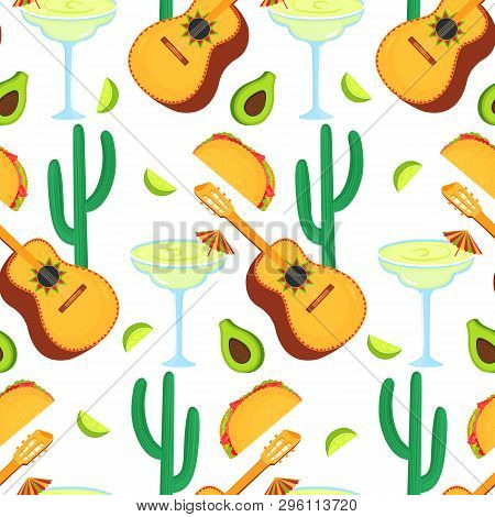 Cinco De Mayo. 5th Of May. Guitarrone, Cactus, Taco, Avocado, Margarita - Clipart To National Mexica