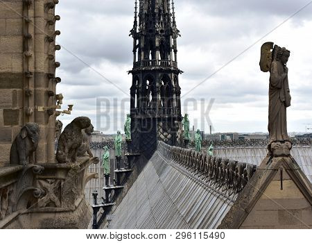 Notre Dame Spire, La Fleche, And Lead Clad Wooden Roofs Before The Fire. View Of The Apostles, Angel