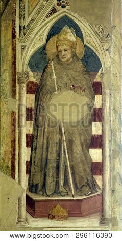 FLORENCE, ITALY - JANUARY 10, 2019: St. Louis of Toulouse, frescoes by Gioto in the Bardi Chapel??, Basilica of Santa Croce (Basilica of the Holy Cross) in Florence, Italy