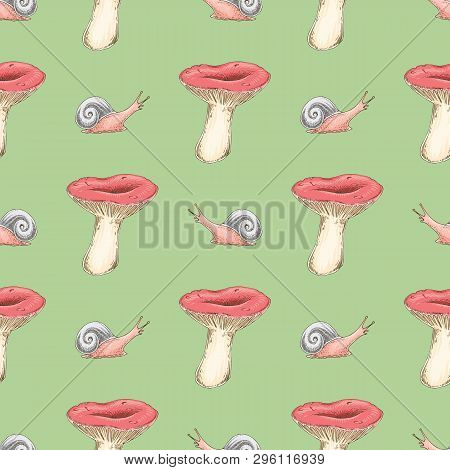 Russula Edible Mushroom With Pink Cup And Snails On Green Background Seamless Vector Pattern