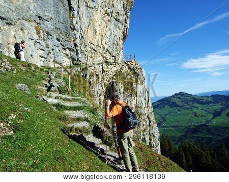 Äscher Cliff Or Äscher-felsen (aescher-felsen Or Ascher-felsen) In The Alpstein Mountain Range And I