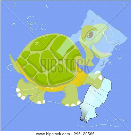 Green Turtle In Plastic Bag In Blue Ocean, Rubbish Pollution Ecological Conception Banner Design Ele