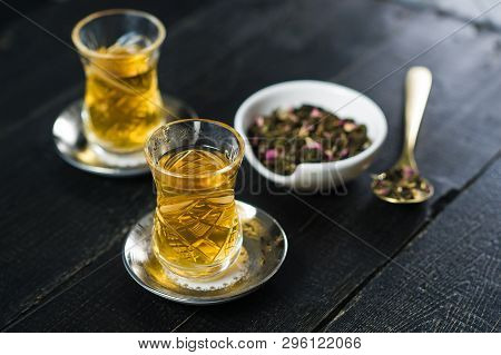 The Armud With Tea, Tea Ceremony. Black Wooden Background