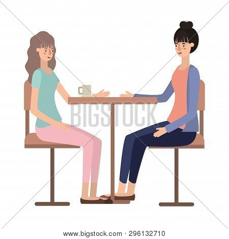 Women Drinking Coffee In The Dining Room Vector Illustration Design