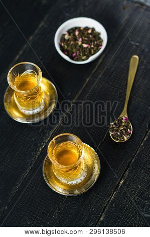 The Armud With Tea, Tea Ceremony. Black Wooden Background