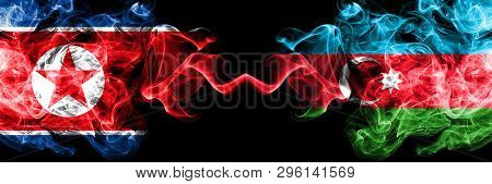 North Korea Vs Azerbaijan, Azerbaijani Smoky Mystic Flags Placed Side By Side. Thick Colored Silky S