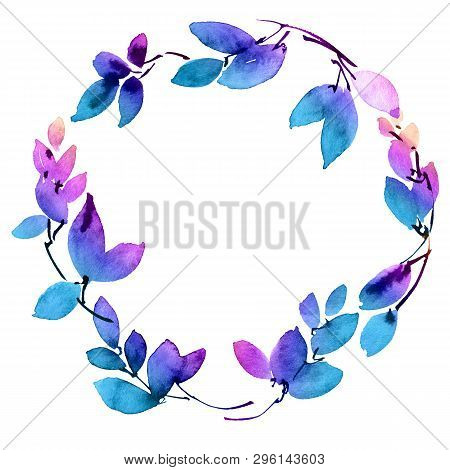 Watercolor And Ink Illustration Of Tree Leaves. Decorative Roundframe For Invitation Or Greeting Car