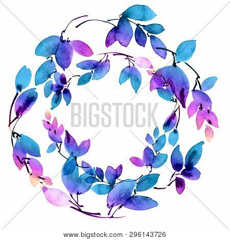 Watercolor And Ink Illustration Of Tree Leaves. Decorative Roundframe For Invitation Or Greeting Car
