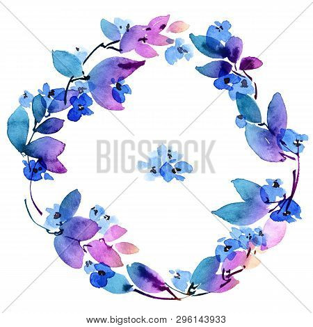 Watercolor And Ink Illustration Of Flowers And Leaves. Decorative Roundframe For Invitation Or Greet