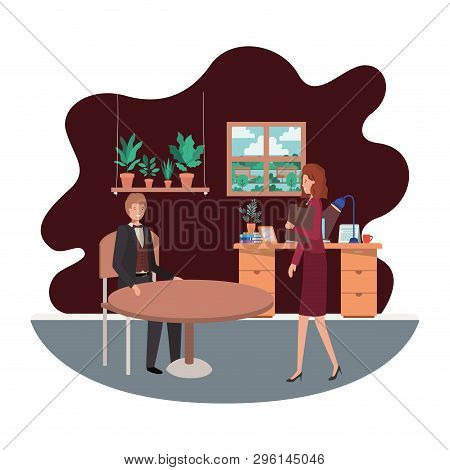 Couple Business In The Room With View The Landscape Vector Illustration Desing