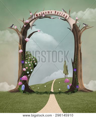 Welcome Spring Background With Surreal Tree And Bloooming Flowers - 3d Illustration