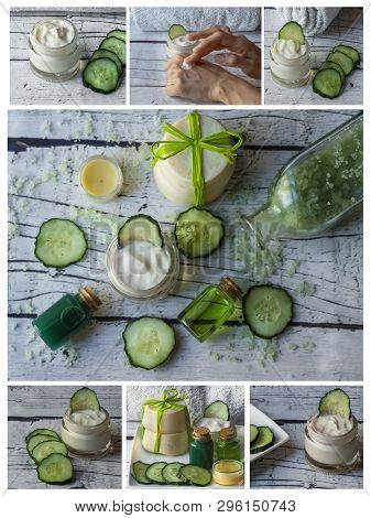 Collage Of Homemade Cucumber Spa With Natural Ingredients, Face Cream, Soap And Bath Salts