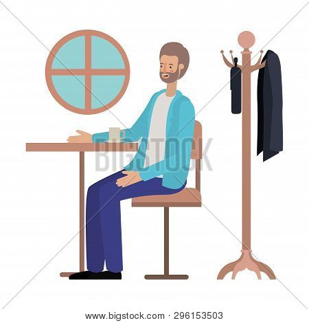 Man Drinking Coffee In The Dining Room Vector Illustration Design