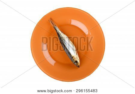 Cold Smoked Baltic Herring On An Orange Plate Isolated On White Background. Smoked Baltic Herring Sm