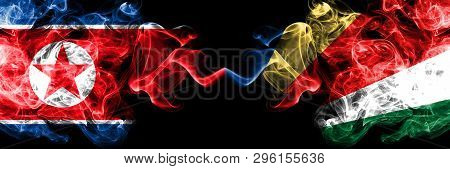 North Korea Vs Seychelles, Seychelloise Smoky Mystic Flags Placed Side By Side. Thick Colored Silky 
