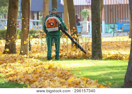 Working In The Park Removes Leaves With A Blower