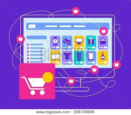 White Shopcart Stand At Big Outline Monitor With Internet Shop App And Different Mobile Application 