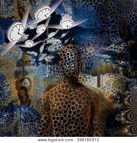 Abstract painting. Naked man with opened door to another world instead of his face. Other dimensions. Winged clocks represents flow of time. 3D rendering