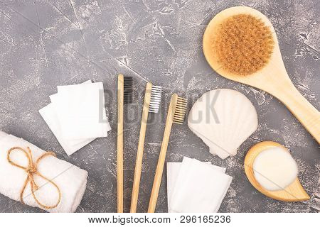 Plastic Free Background. Personal Care Products Made From Natural Materials: Cactus Fiber Body Brush