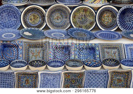 multicolor sovenir plate in tunisian market, Sidi Bou Said, Tunisia