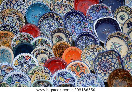 multicolor sovenir earthenware in tunisian market, Sidi Bou Said, Tunisia
